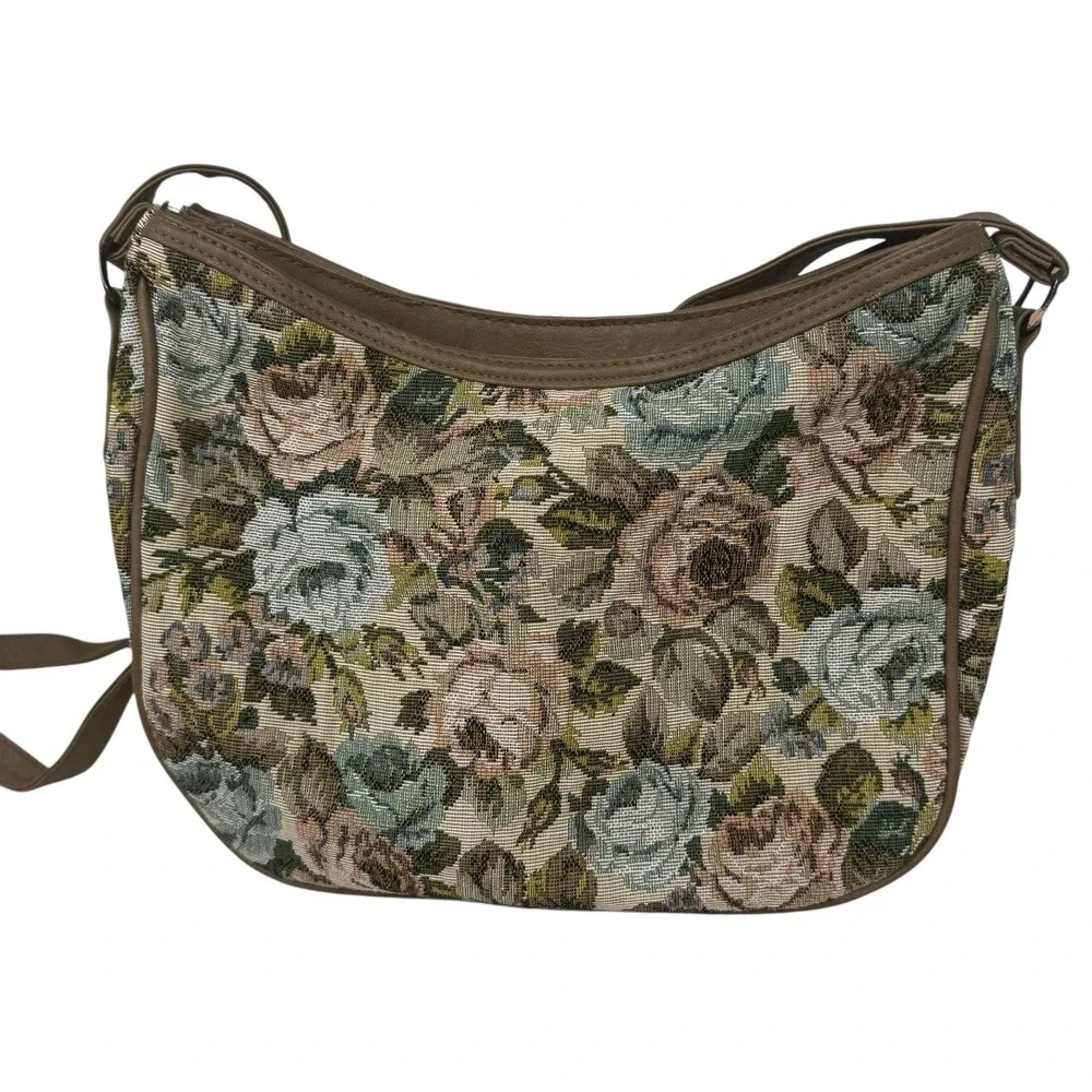 One East Carpet Bag Purse Tapestry Green Pink Canvas Med Zip Close Faux Leather